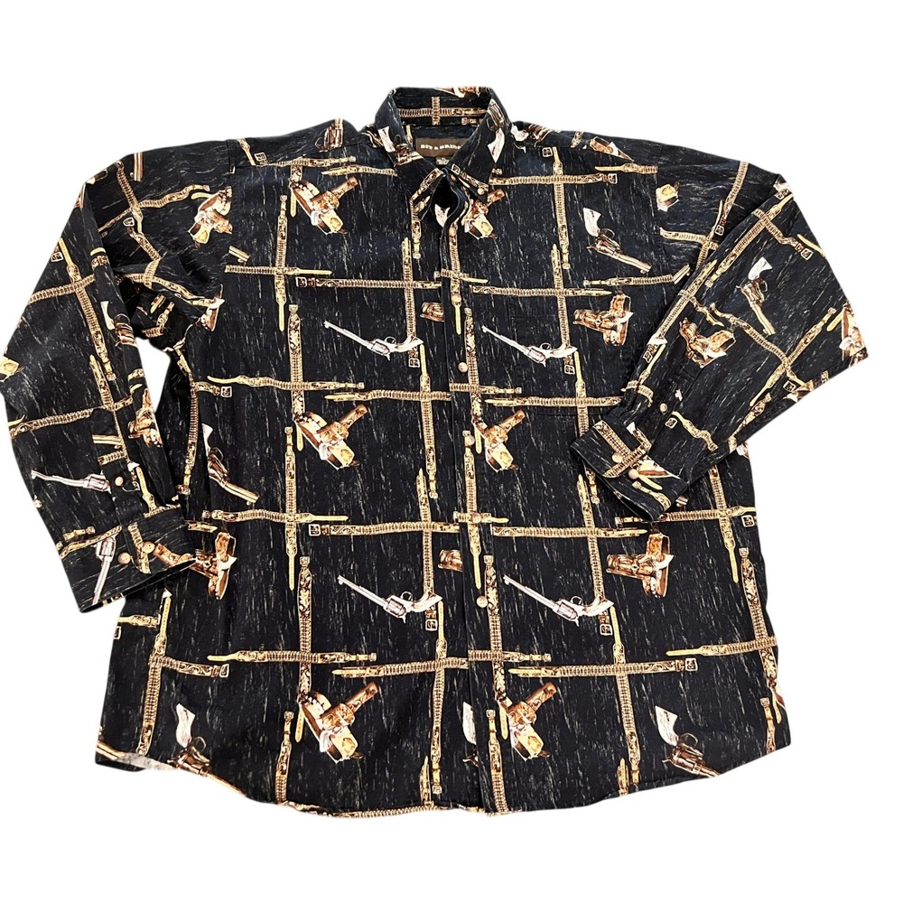 Bit & Bridle Button Down Shirt Mens XL Black Excellent Revolver Gun Print Cotton